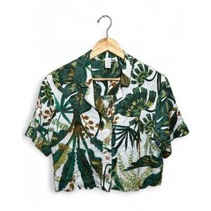 J Joie Palm Tree Crop Top‎ Tropical Blouse Short Sleeve Buttons Linen Women's 10
